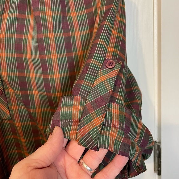 VTG 70s 80s lightweight plaid blouse w/ 1/2 sleeves & mandarin collar sz XL (?) - Picture 4 of 7
